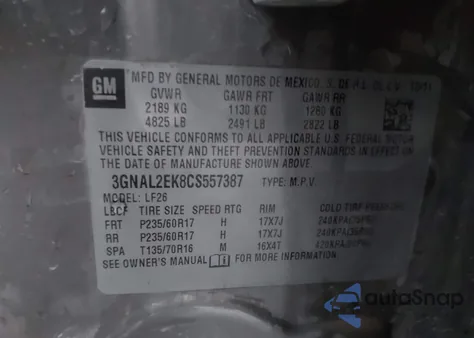 2012 Chevrolet Captiva Sport 2Ls из США, поврежденный, VIN 3GNAL2EK8CS557387